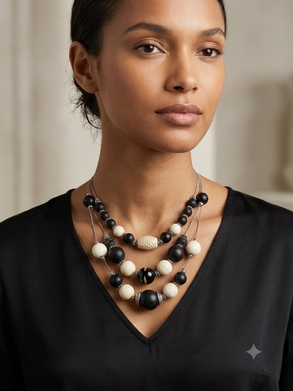 Chico’s Necklace Black Cream Silver Beaded 3 Strand Women’s Jewelry